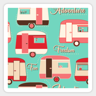 Repeat pattern of cute vintage caravans in retro colours pinks on turquoise Sticker